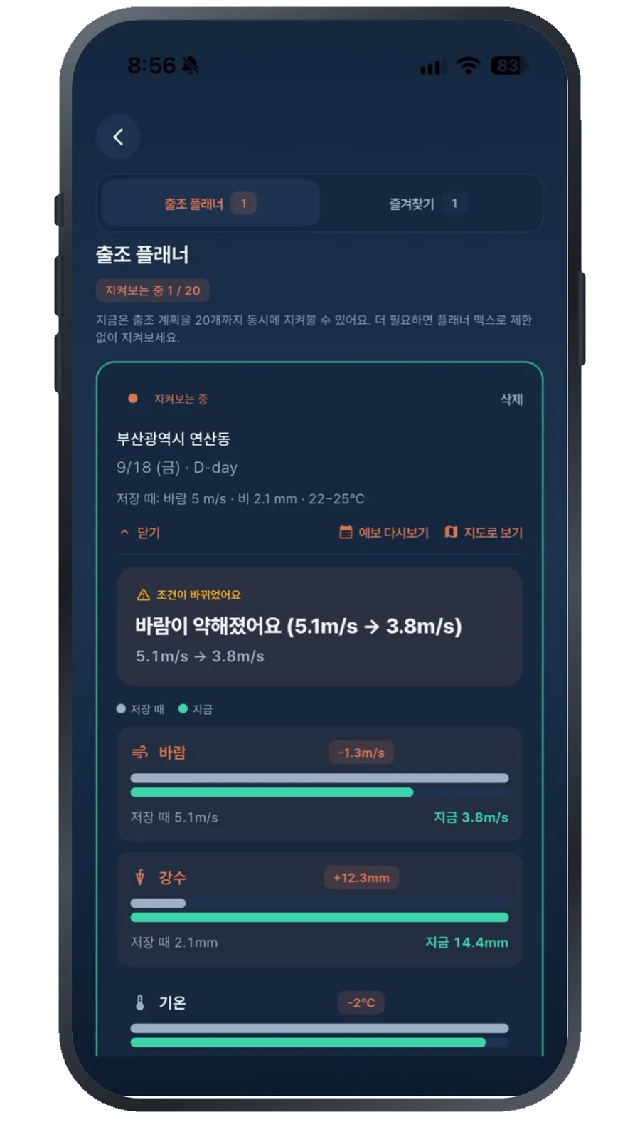 지켜보기 알림 화면. 바람이 약해졌다는 안내가 보인다.
